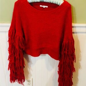 Bold Red Cropped Crew Neck Sweater with Fringe Sleeves